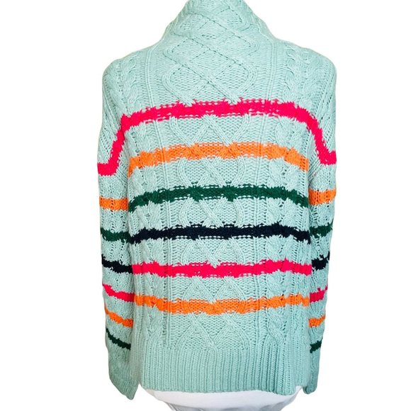 John + Jenn Blue/Green Cable-Knit Striped Turtleneck Sweater Size Small - Picture 4 of 9